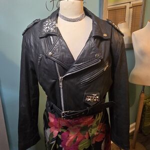 Vintage Contempo Casual Studded Black Leather Biker Jacket